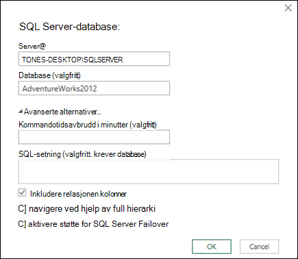 dialogboksen Power Query SQL Server databasetilkobling