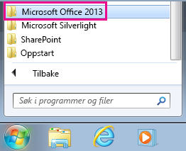 Office 2013-gruppe under Alle programmer i Windows 7