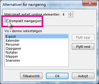 Kommandoen Kompakt navigasjon i dialogboksen Alternativer for navigering