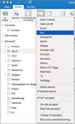 Sorter e-postmeldingene på ulike måter ved å klikke på Organiser > Ordne etter og velge fra listen over alternativer