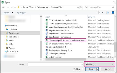 For å finne csv-filen må du passe på at du søker etter Alle filer.