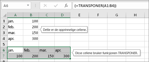 Opprinnelige celler ovenfor, celler med funksjonen TRANSPONER nedenfor