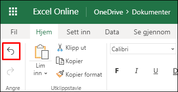 Bruk Angre-knappen på Hjem-fanen i Excel for nettet for å angre en tidligere sortering