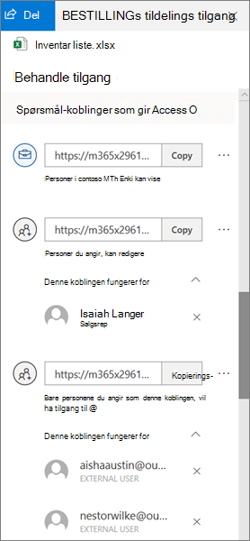 Inndelingen Koblinger som gir tilgang i Behandle tilgang-ruten i OneDrive for Business