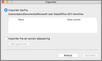 Importere dialogboksen Identiteter med Importer herfra valgt