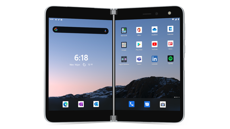 Surface Duo åpnet med startskjermen vist