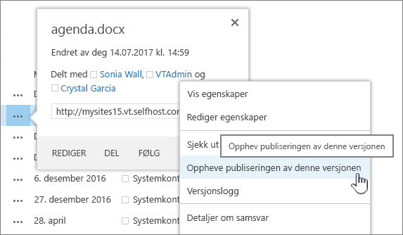 Klikk på Opphev publisering av denne versjonen