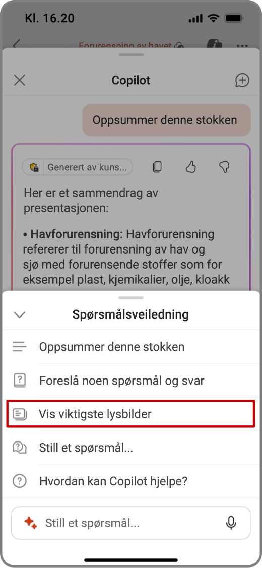 Skjermbilde av Copilot i PowerPoint på iOS-enhet med ledeteksten Vis viktige lysbilder