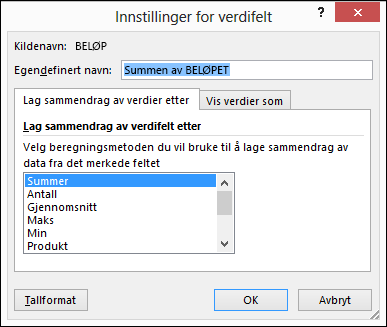 Dialogboksen Verdifeltinnstillinger i Excel for alternativer for Summer verdier etter