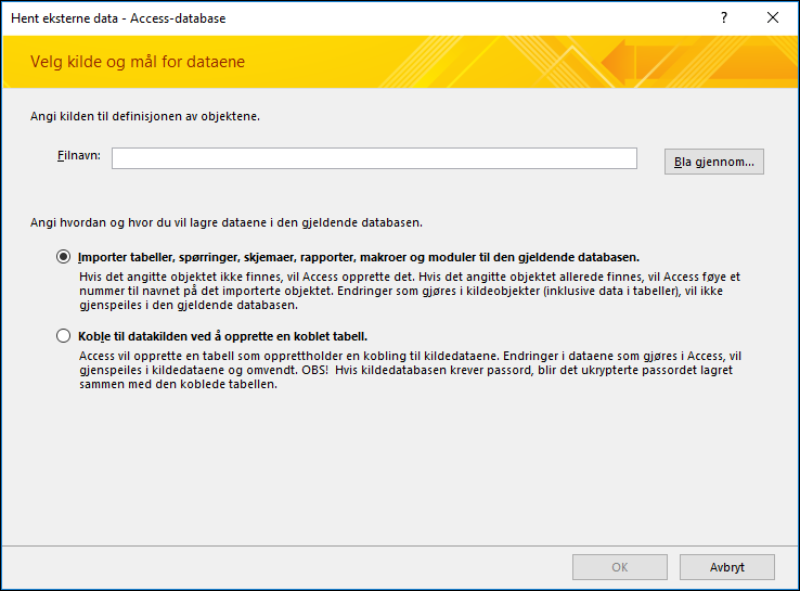 Skjermbilde av importveiviseren Hent eksterne data - Access-database