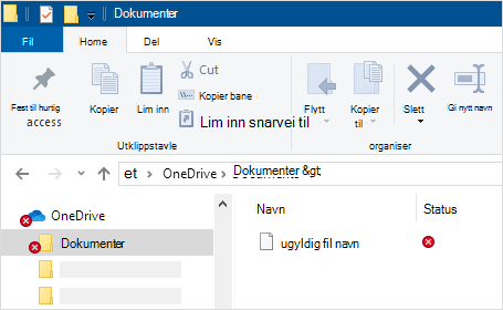 Filutforsker som viser synkroniseringsfeil i OneDrive