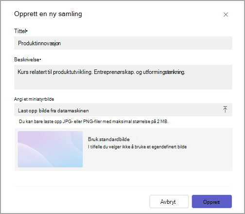 Bilde som viser felt for Tittel og Beskrivelse med opprettings- og avbryt-knapper nederst.