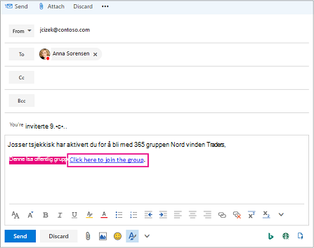 E-post med kobling som inviterer brukeren til å bli med i gruppen