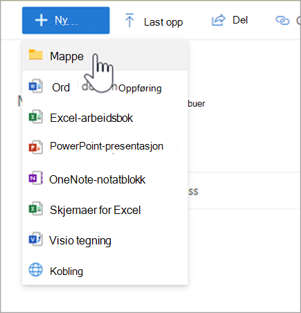 Skjermbilde av en rullegardinmeny i OneDrive, musepekeren peker på «mappe»