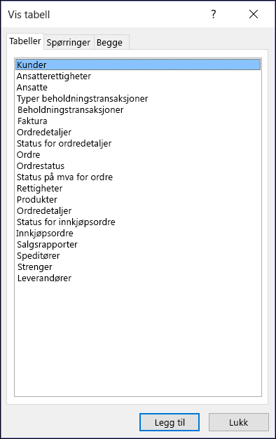 Dialogboksen Vis tabell i Access som viser tabellnavn