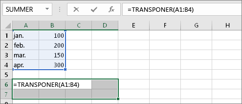 =TRANSPONER(A1:B4)