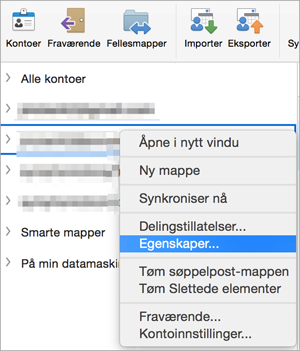 Viser hurtigmenyen for en Exchange-mappe med Egenskaper valgt