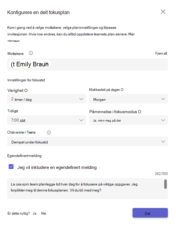 Skjermbilde som viser oppsettvinduet for delt fokusplan