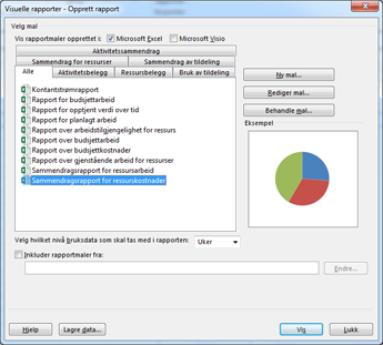 Liste over visuelle Excel-rapportmaler i dialogboksen Vis rapporter