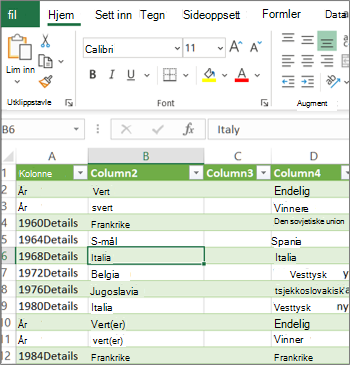 Et vanlig Excel-regneark