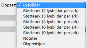 Velg Lysbildeoppsett i dialogboksen Skriv ut
