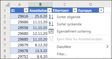 Bruke tabellfilteret i Excel til å sortere i stigende eller synkende rekkefølge