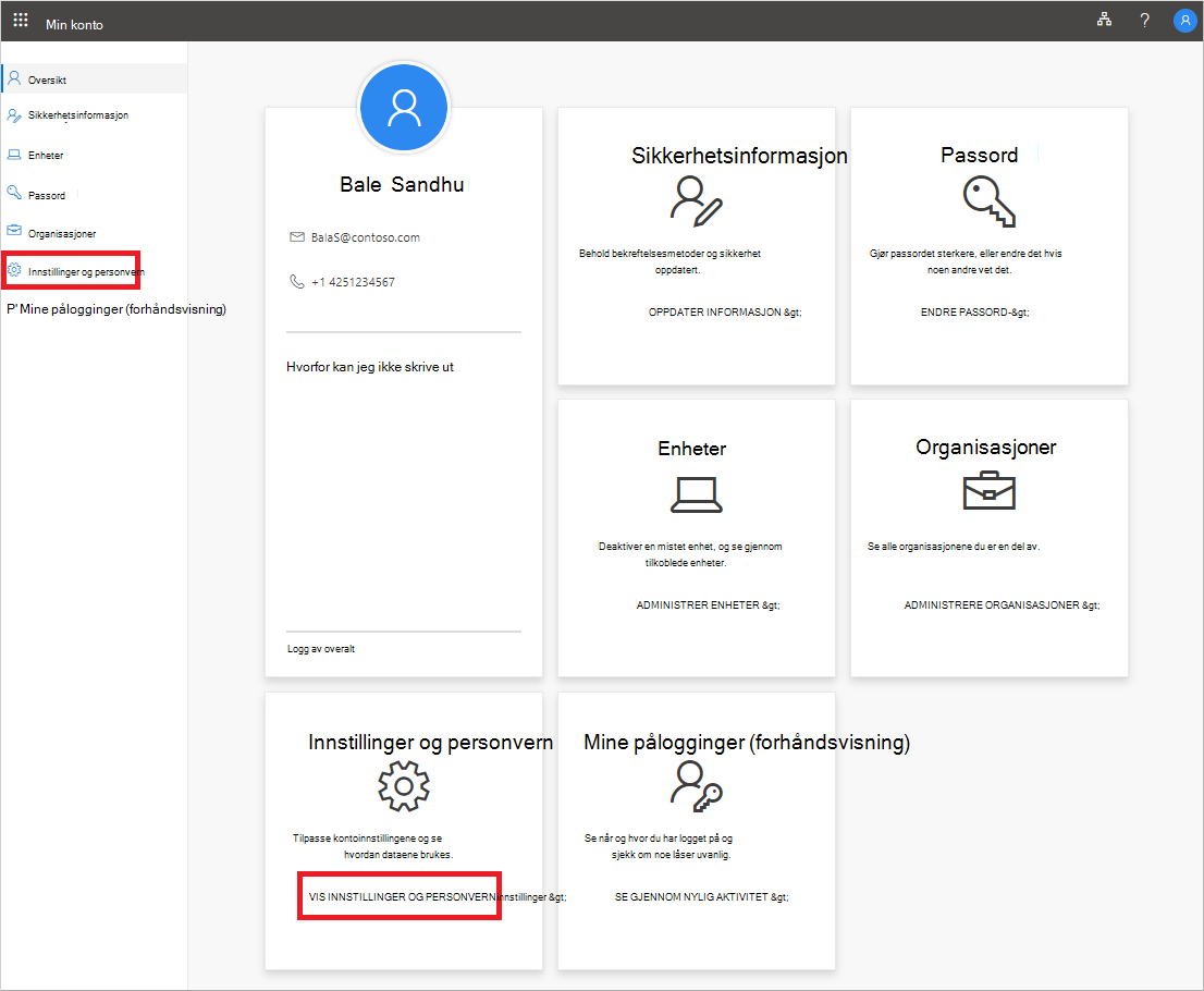 Min konto-siden, som viser uthevet Innstillinger og Personvern-koblingen