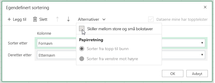 Dialogboksen Egendefinert sortering når skille mellom store og små bokstaver er valgt