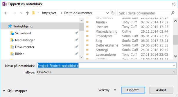 OneNote for Windows 2016 – dialogen Opprett ny notatblokk