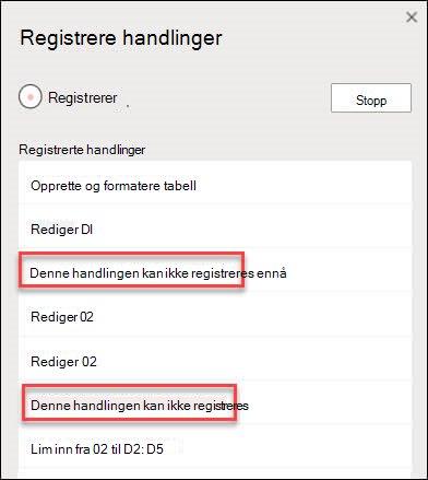 Dialogboks for Racord-handlinger som angir når bestemte trinn ikke kunne registreres.