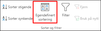 Egendefinerte sorteringsalternativer på Data-fanen i Excel 