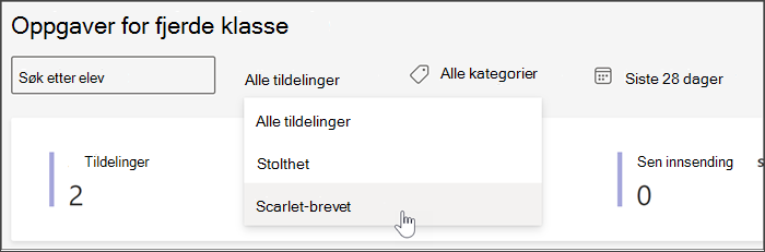 skjermbilde av de tilgjengelige filtrene i visningen Oppgaver og karakterer i Insights. du kan søke etter elev, etter oppgave etter merke eller etter dato.