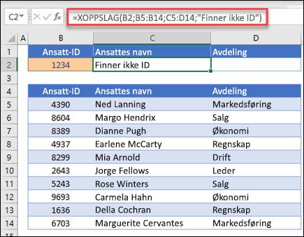 Eksempel på XOPPSLAG-funksjonen som brukes til å returnere et ansattnavn og avdeling basert på ansatt-ID med argumentet if_not_found. Formelen er =XOPPSLAG(B2,B5:B14,C5:D14,0,1,Finner ikke ansatt)