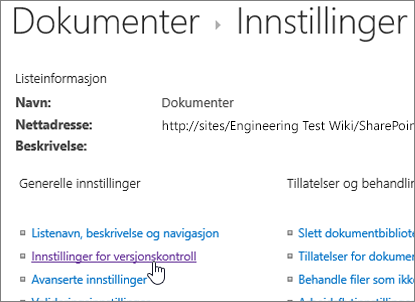 Dialogboks for bibliotekinnstillinger med Versjonskontroll valgt.