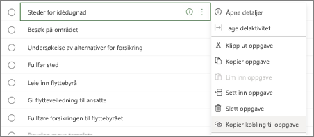 Dialogboks med liste over oppgaver. Kopier kobling-knappen for oppgaver er uthevet.