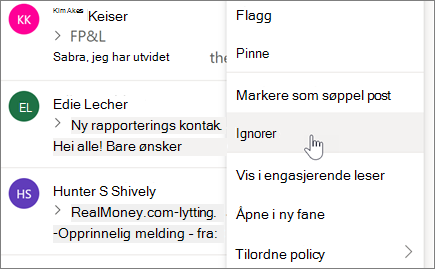 Ignorere en e-postsamtale i Outlook på nettet