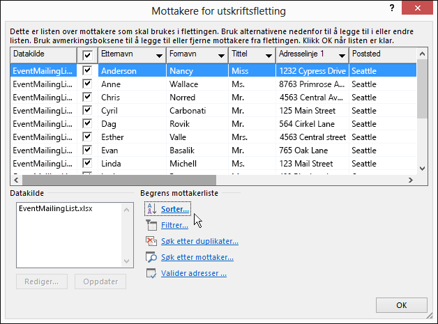 Som en del av utskriftsfletting i Word: resultater til en sortering av en mottakerliste.