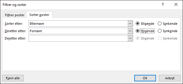 Som en del av utskriftsfletting i Word velger du Rediger mottakerliste, og velger Sorter under Begrens mottakerliste.