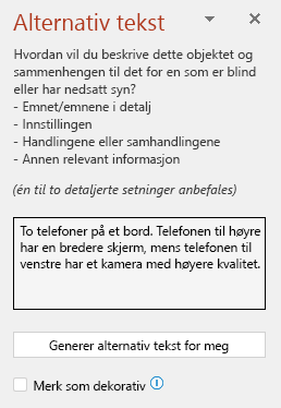 Alternativ tekst-ruten viser et eksempel på god alternativ tekst.