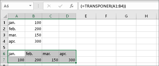 Resultatet av formelen med cellene A1:B4 transponert til cellene A6:D7