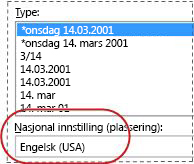 Nasjonal innstilling-boksen valgt i dialogboksen Formater celler