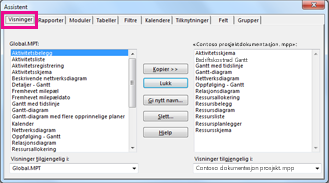 Dialogboksen Assistent i Project.