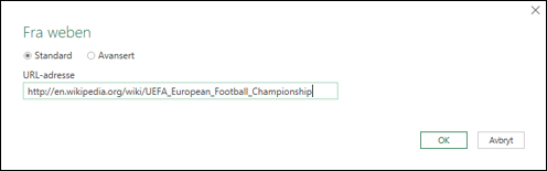 Power Query > Fra Internett > dialogboksen for nettadresse for inndata