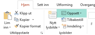 Oppsett-knappen på Hjem-fanen i PowerPoint har alle tilgjengelige lysbildeoppsett.