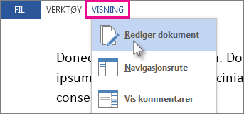 Bilde av del av Visning-menyen i lesemodus, med alternativet Rediger dokument valgt.