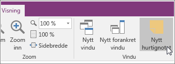 Skjermbilde av knappen Nytt hurtignotat i OneNote 2016.