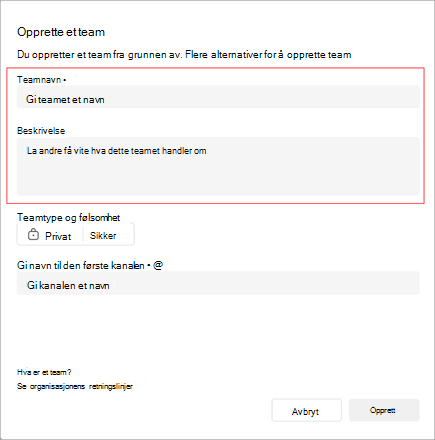 Skjermbilde av vinduet Opprett et team. Den inneholder et område der du kan legge til et teamnavn, en beskrivelse og en type. Du kan også opprette navnet på den første kanalen.