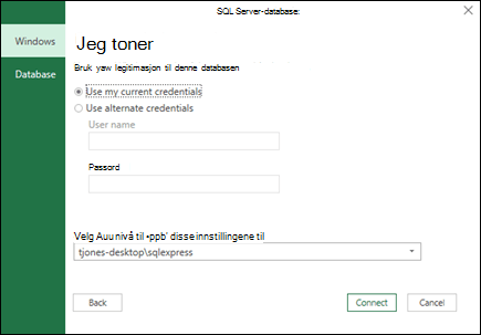 Power Query SQL Server påloggingslegitimasjon for tilkobling