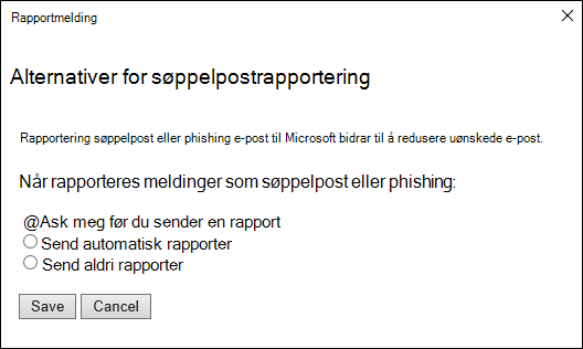 Skjermbilde som viser alternativer for meldinger rapportert som søppelpost eller phishing-forsøk