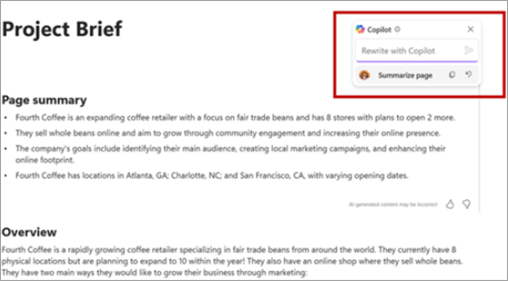 Skjermbilde som viser tekstboksen for å skrive om det Copilot-genererte sidesammendraget